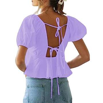Remidoo Women's Puff Sleeve Tops Tie Back V Neck Ruffle Hem Peplum Crop Tops Light Purple Small