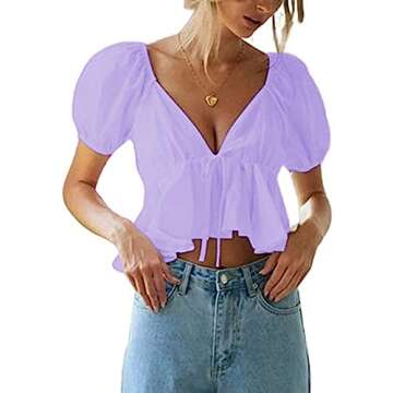 Remidoo Women's Puff Sleeve Tops Tie Back V Neck Ruffle Hem Peplum Crop Tops Light Purple Small