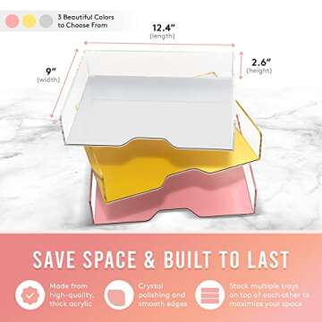 Rose Gold Mirror 2 Pack - Acrylic Stackable Mirror Letter Tray, Clear Paper Organizer for Office, Va...