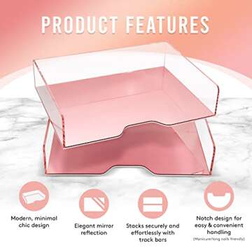 Rose Gold Mirror 2 Pack - Acrylic Stackable Mirror Letter Tray, Clear Paper Organizer for Office, Vanity - Desk Workspace Organizers and Accessories, File Holder, Stacking Desktop Organization