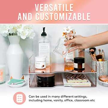 Rose Gold Mirror 2 Pack - Acrylic Stackable Mirror Letter Tray, Clear Paper Organizer for Office, Vanity - Desk Workspace Organizers and Accessories, File Holder, Stacking Desktop Organization