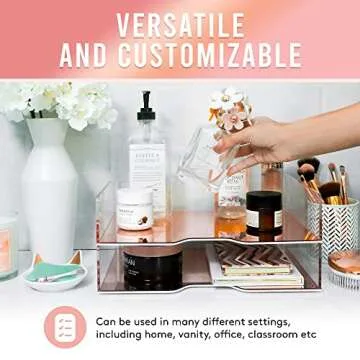 Rose Gold Mirror 2 Pack - Acrylic Stackable Mirror Letter Tray, Clear Paper Organizer for Office, Vanity - Desk Workspace Organizers and Accessories, File Holder, Stacking Desktop Organization