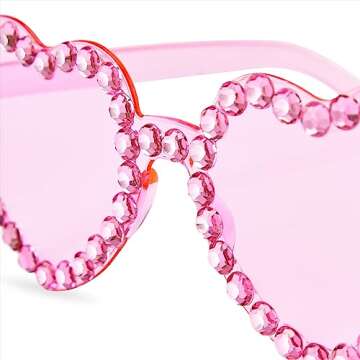 Zando Rhinestone Pink Heart Glasses Heart Shaped Sunglasses Rimless Pink Heart Sunglasses Transparen...
