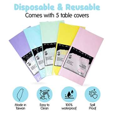New Paradise Heavy Duty Plastic Disposable & Reusable Table Covers, Rectangular Size 54" x 108" (5 C...