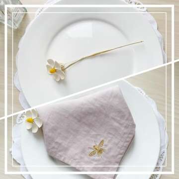 DerF HOME Dinner Napkins 100% Pure Linen Napkins Embroidered - 18 x 18 Inch, Pre-Washed with Flax, M...