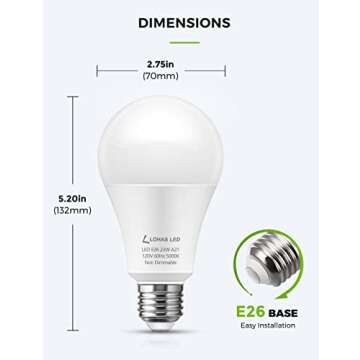 LOHAS A21 Bright LED Light Bulb, 150W-200W Equivalent LED Bulbs, 23 Watt Garage Light Bulbs, Daylight 5000K, 2500 Lumen High Watt Super Bright Porch Light Bulb, Non-Dimmable, for Home Lighting, 4 Pack