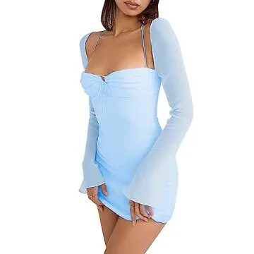 Sexy Dress for Women Party Club Night Long Sleeve Mesh Club Mini Bodycon Dresses Halter Neck Outfits Sky Blue S