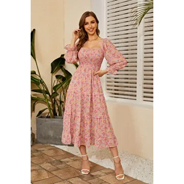 R.YIposha Women's Bohemian Puff Sleeve Floral Dress