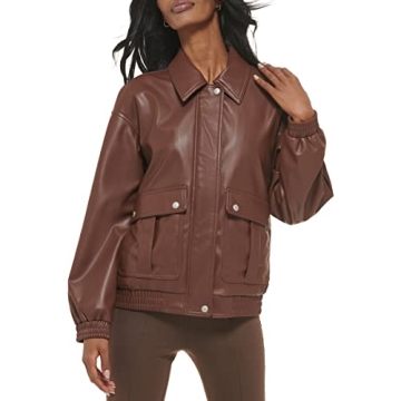 Levi's Women's Faux Leather Lightweight Dad Bomber Jacket, Chocolate Brown, Medium