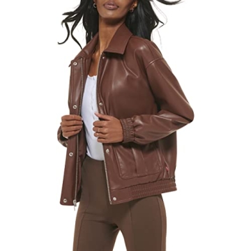 Levi's Women's Faux Leather Lightweight Dad Bomber Jacket, Chocolate Brown, Medium
