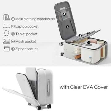 Mixi Carry On Luggage, 20'' Suitcase with Front Laptop Pocket, Travel Rolling Luggage Aluminum Frame PC Hardside with Spinner Wheels & TSA Lock and Cover - Smoke White