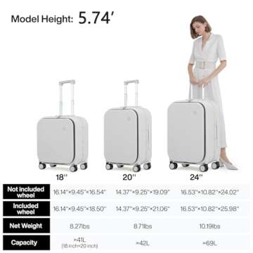Mixi Carry On Luggage, 20'' Suitcase with Front Laptop Pocket, Travel Rolling Luggage Aluminum Frame PC Hardside with Spinner Wheels & TSA Lock and Cover - Smoke White