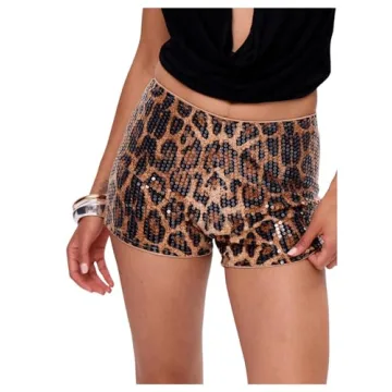 SHENHE Women's Stunning Leopard Print Sequin Shorts - Low Rise Sparkly Mini Shorts Y2K Style