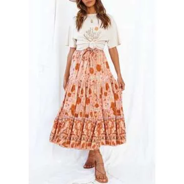 ZESICA Women's 2025 Summer Bohemian Floral Printed Elastic Waist A Line Maxi Skirt with Pockets,Peac...