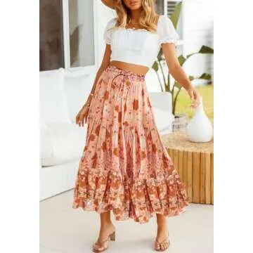 ZESICA Women's 2025 Summer Bohemian Floral Printed Elastic Waist A Line Maxi Skirt with Pockets,Peach,Medium