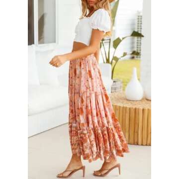 ZESICA Women's 2025 Summer Bohemian Floral Printed Elastic Waist A Line Maxi Skirt with Pockets,Peach,Medium