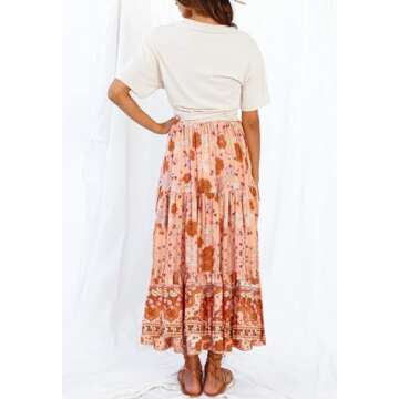 ZESICA Women's 2025 Summer Bohemian Floral Printed Elastic Waist A Line Maxi Skirt with Pockets,Peach,Medium