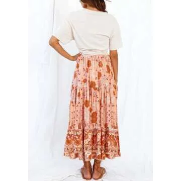 ZESICA Women's 2025 Summer Bohemian Floral Printed Elastic Waist A Line Maxi Skirt with Pockets,Peach,Medium