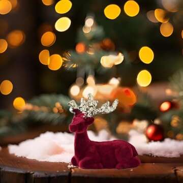 HELLORSO Christmas Reindeer Tabletop 8.5" H Red Flocking Standing Deer Decorations, Indoor Decorativ...
