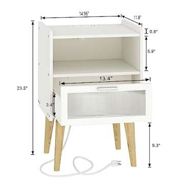 MMEOLUOOK Nightstand with Charging Station, Bedside Tables, End Table Side Table with 2 Tiers Storage Space, for Bedroom, Living Room, White MLBZ07WE