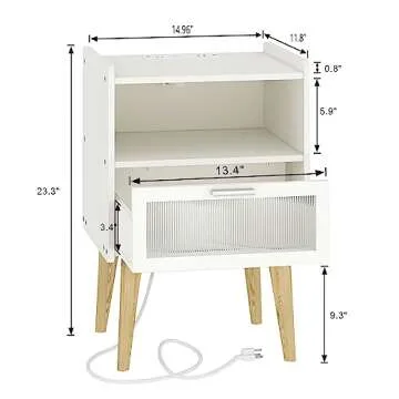 MMEOLUOOK Nightstand with Charging Station, Bedside Tables, End Table Side Table with 2 Tiers Storage Space, for Bedroom, Living Room, White MLBZ07WE