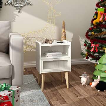 MMEOLUOOK Nightstand with Charging Station, Bedside Tables, End Table Side Table with 2 Tiers Storage Space, for Bedroom, Living Room, White MLBZ07WE