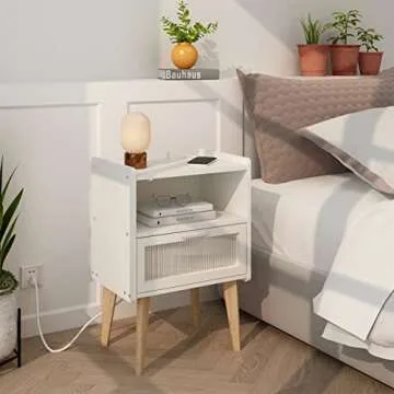 MMEOLUOOK Nightstand with Charging Station, Bedside Tables, End Table Side Table with 2 Tiers Storage Space, for Bedroom, Living Room, White MLBZ07WE