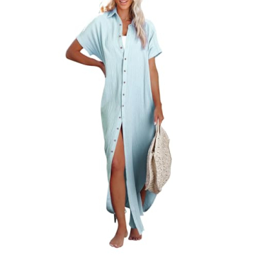 Herseas Swim Coverups for Women 2025 Beach Button Down Dress Kimonos Long Cardigan Short Sleeve Side...