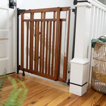 Summer Infant Wood Banister & Stair Safety Pet and Baby Gate, 32"-48" Wide, 33" Tall, Install Banister to Banister or Wall, or Wall to Wall in Doorway or Stairway, Banister and Hardware Mounts - Oak