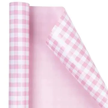 WRAPAHOLIC Reversible Wrapping Paper - Mini Roll - 17 Inch X 33 Feet - Pink and White Plaid Design f...
