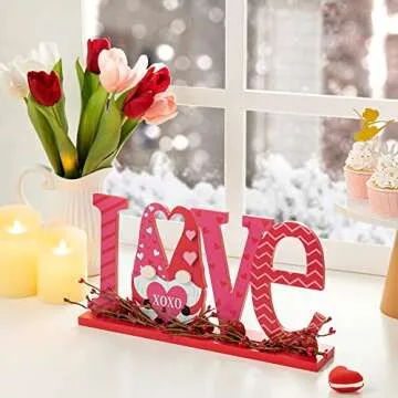 Glitzhome Valentines Day Decorations Farmhouse Valentine LOVE Wood Signs Table Decor Valentine Gnome Heart XOXO Love Blocks Romantic Valentine Day Indoor Wooden Signs Love for Home Decor 14" x 7"