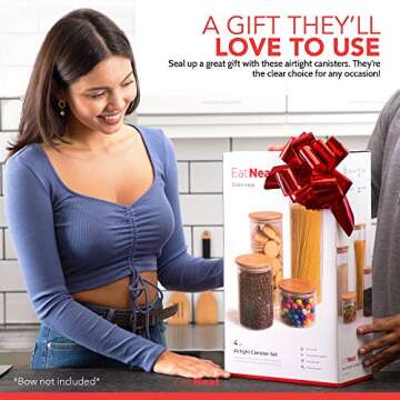 EatNeat Set of 4 Glass Canisters with Airtight Bamboo Lids - Stylish Kitchen Countertop Containers for Storage - Modern Jars for Food Organization - Clear and Natural Finish, Various Sizes