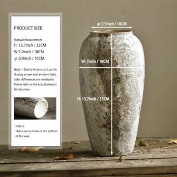 Denique Rustic Ceramic Flower Vase, Vintage Tall Floor Vase Farmhouse Decor, Large Vases for Living Room Entryway Table Centerpiece Decor, Terracotta Vases Pottery Clay Vase(C-35cm)