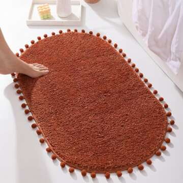 YIRDDEO Terracotta Pom Bath Rug for Bathroom Non Slip, Cute Boho Pom Oval Absorbent Shower Mat, Plush Soft Washable Rug (20x30 inches)