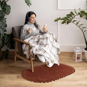 YIRDDEO Terracotta Pom Bath Rug for Bathroom Non Slip, Cute Boho Pom Oval Absorbent Shower Mat, Plush Soft Washable Rug (20x30 inches)