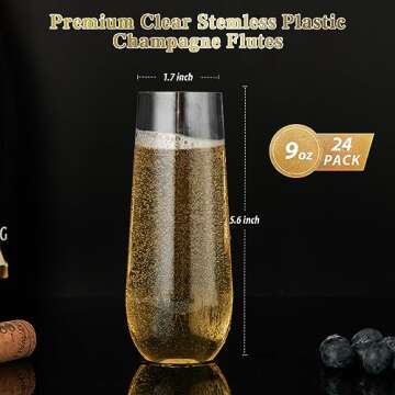 FOCUSLINE 24 Pack 9 Oz Clear Plastic Champagne Flutes, Stemless Plastic Champagne Glasses Clear, Heavy Duty Plastic Toasting Glasses, Shatterproof and Disposable Cups Perfect For Any Party