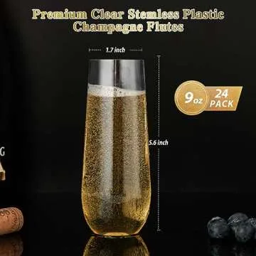 FOCUSLINE 24 Pack 9 Oz Clear Plastic Champagne Flutes, Stemless Plastic Champagne Glasses Clear, Heavy Duty Plastic Toasting Glasses, Shatterproof and Disposable Cups Perfect For Any Party