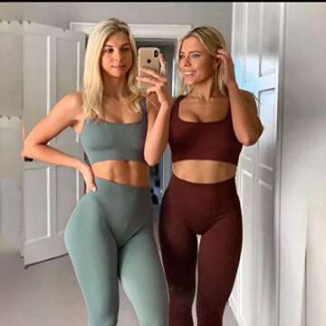 OLCHEE Women's Sexy 2 Piece Workout Outfits - Seamless Ribbed Leggings and Square-Cut Sports Bra Yoga Activewear Set - Brown Size XL