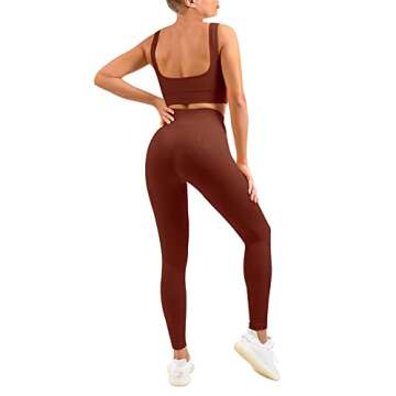 OLCHEE Women's Sexy 2 Piece Workout Outfits - Seamless Ribbed Leggings and Square-Cut Sports Bra Yoga Activewear Set - Brown Size XL