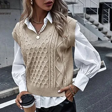 Padaleks Women's V Neck Knit Vintage Sweater Vest - Khaki