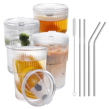 RÉΑLWÁY 16 OZ Iced Coffee Cups with Lids & Straws - Set of 4 Reusable Drinking Glasses