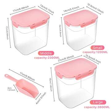 Elesunory 3 Pieces Animal Food Storage Containers, Plastic Dog Food Storage Container with Spoon, 4 Seal Buckles Pet Food Storage Containers for Dog Cat Treats(3.8 L+ 2.3L +1.2L)
