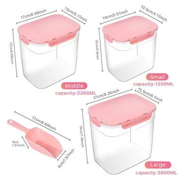 Elesunory 3 Pieces Animal Food Storage Containers, Plastic Dog Food Storage Container with Spoon, 4 Seal Buckles Pet Food Storage Containers for Dog Cat Treats(3.8 L+ 2.3L +1.2L)