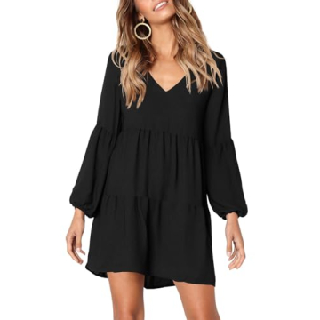 Amoretu Womens Casual Swing Ruffle Long Sleeve Tunic Dress Funeral Dresses, Spring, Summer, 2025 (Black, L)