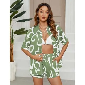 LTSCNRM Women's 2 Piece Outfit Sets Summer Beach Casual Printed Shirts and Shorts Lounge Sets(BrightGreen-S)