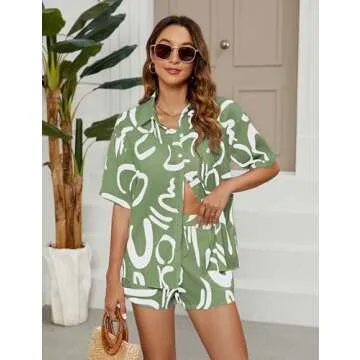 LTSCNRM Women's 2 Piece Outfit Sets Summer Beach Casual Printed Shirts and Shorts Lounge Sets(BrightGreen-S)