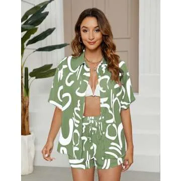 LTSCNRM Women's 2 Piece Outfit Sets Summer Beach Casual Printed Shirts and Shorts Lounge Sets(BrightGreen-S)