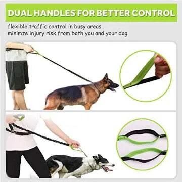 Hands Free Dog Leash for Running Walking Training Hiking, Dual-Handle Reflective Bungee, Poop Bag Dispenser Pouch, Adjustable Waist Belt, Shock Absorbing, Ideal for Medium to Large Dogs (Black/Green)