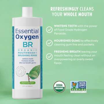 Essential Oxygen Certified BR Organic Brushing Rinse, All Natural Mouthwash for Whiter Teeth, Freshe...