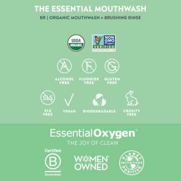 Essential Oxygen Certified BR Organic Brushing Rinse, All Natural Mouthwash for Whiter Teeth, Fresher Breath, and Happier Gums, Alcohol-Free Oral Care, Peppermint, 32 Ounce